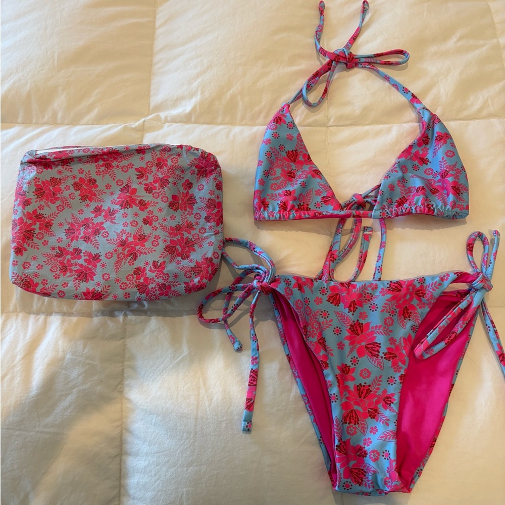 NWOT Aloha Marina fuschia pink/blue bikini bathing suit in matching pouch bag, S